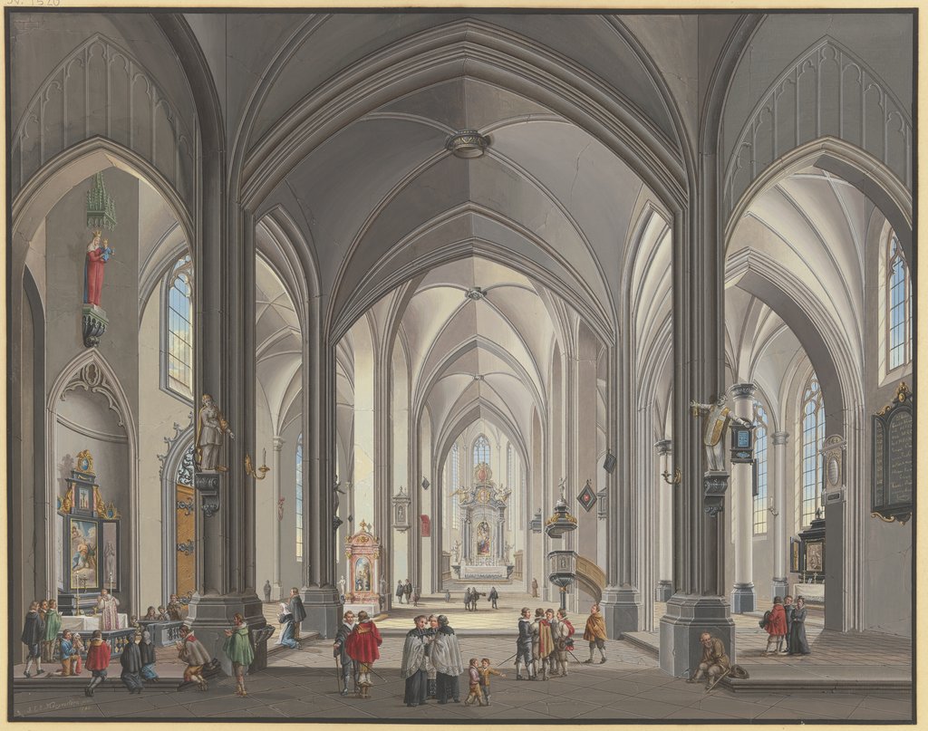 Blick in das Innere einer gotischen Hallenkirche mit vielen Staffagefiguren in der Tracht des 17. Jahrhunderts, links liest ein Priester die Messe, Johann Ludwig Ernst Morgenstern