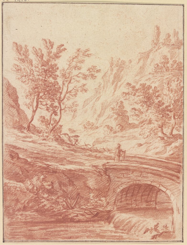 Baumbestandenes Tal, im Vordergrund ein Bach, über den eine Brücke führt, Johann Ludwig Ernst Morgenstern
