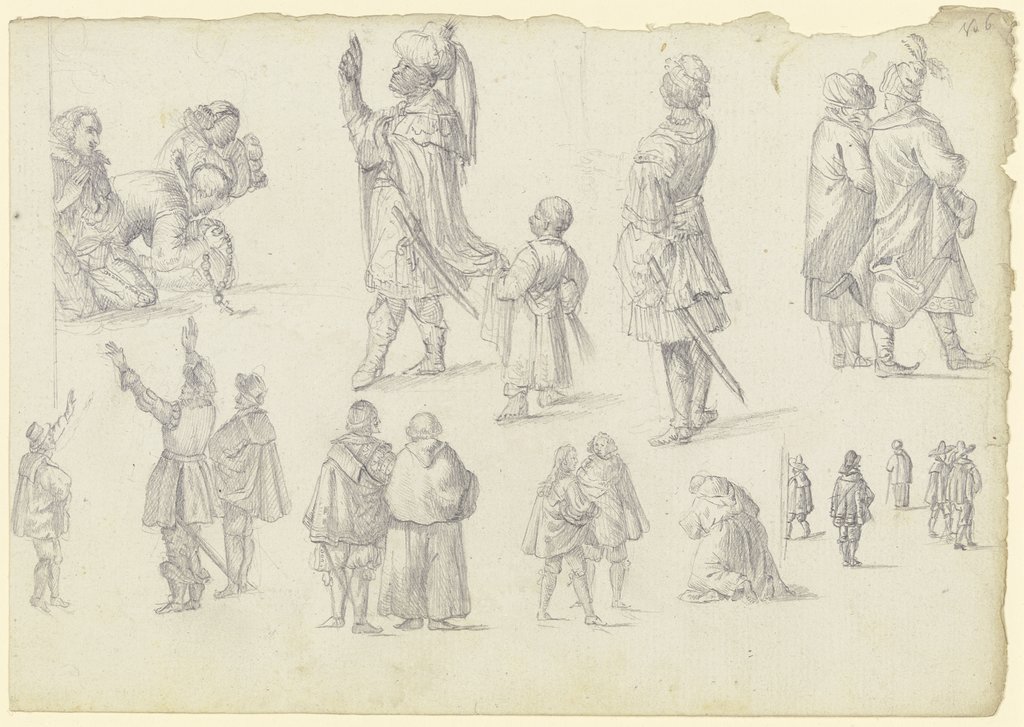 21 Figurenstudien, oben ein orientalischer König und drei Adoranten, Johann Ludwig Ernst Morgenstern