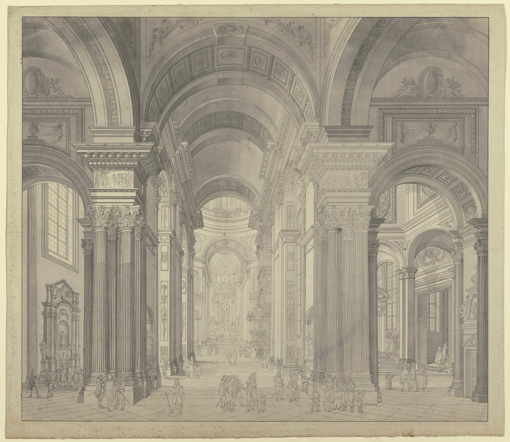 Blick in das Innere einer Barockkirche mit Staffagefiguren in der Tracht des 17. Jahrhunderts, Johann Ludwig Ernst Morgenstern