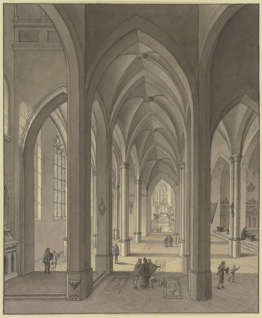 Blick in den Chor einer dreischiffigen gotischen Hallenkirche mit Staffagefiguren in der Tracht des 17. Jahrhunderts, Johann Ludwig Ernst Morgenstern