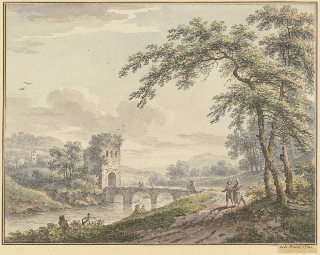 Landschaft mit einer Brücke und Turm, rechts unter einem Baum ein Paar mit einem Hund, Johann Heinrich Müntz