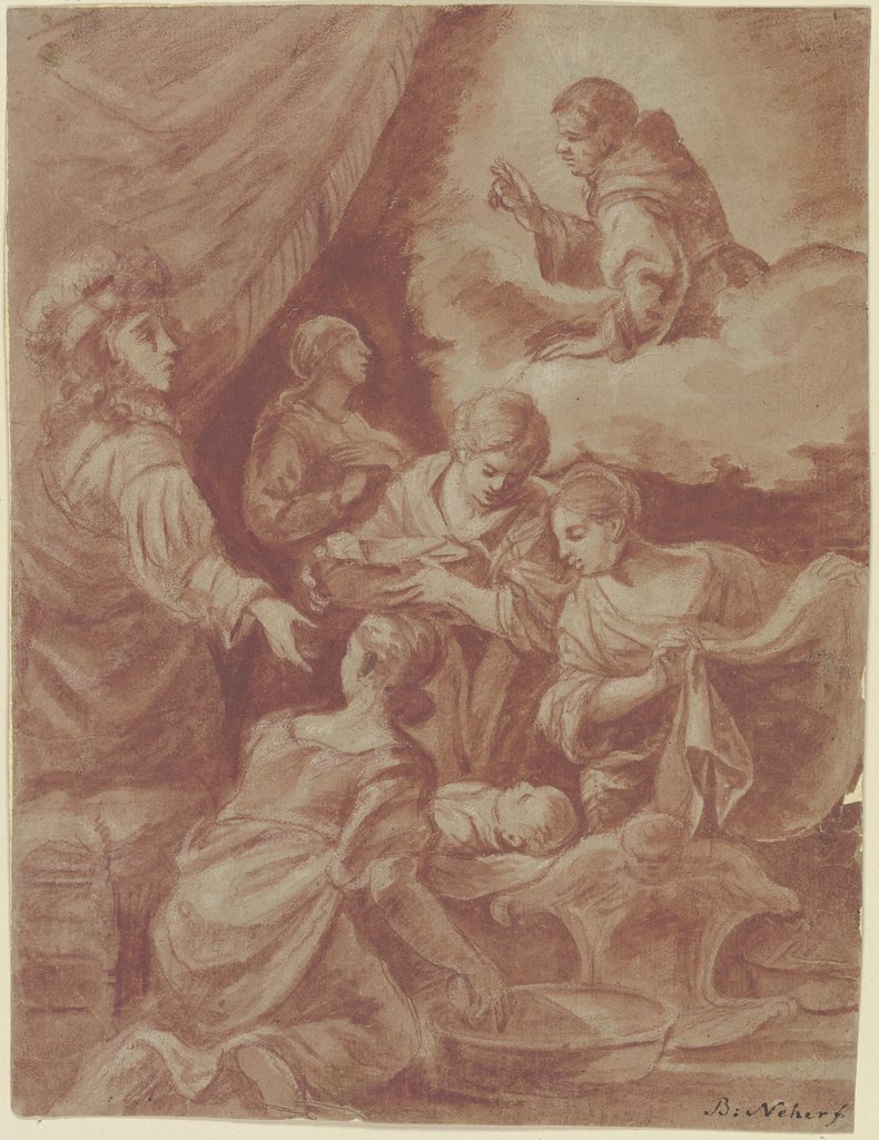 Kind in einer Wiege, von vier Frauen umgeben, Bernhard Neher the Elder
