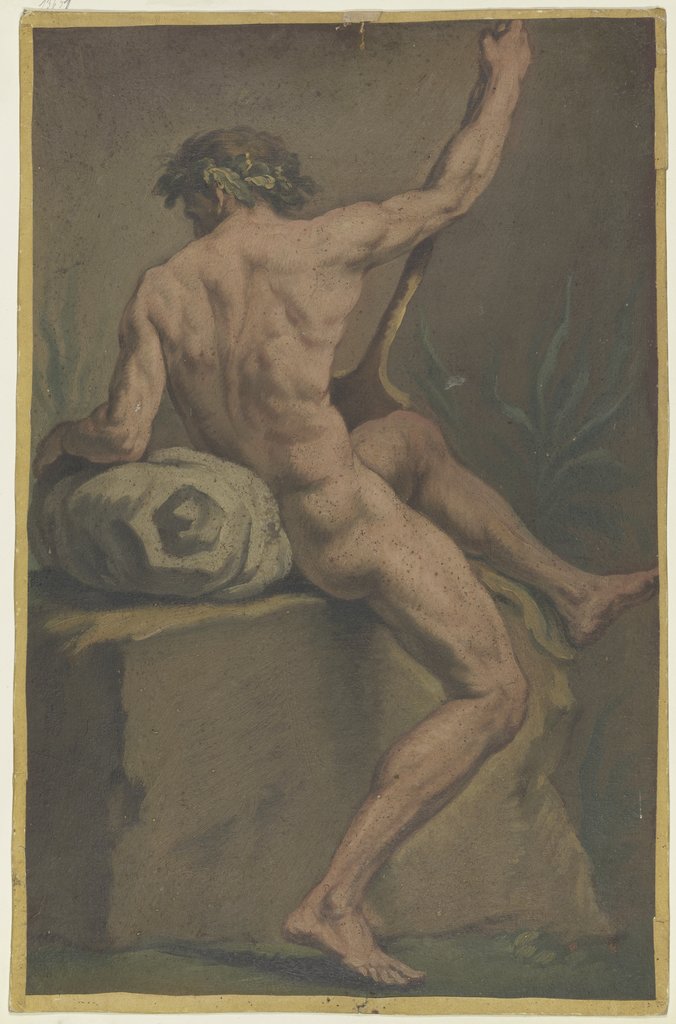 Akt eines sitzenden Mannes, halb vom Rücken gesehen, Josef Neher