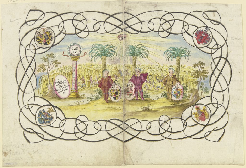 Drei Knaben, ein Wappen haltend, stehen unter Palmen vor einem Kornfeld, das abgeerntet wird, Johannes Esaias Nilson