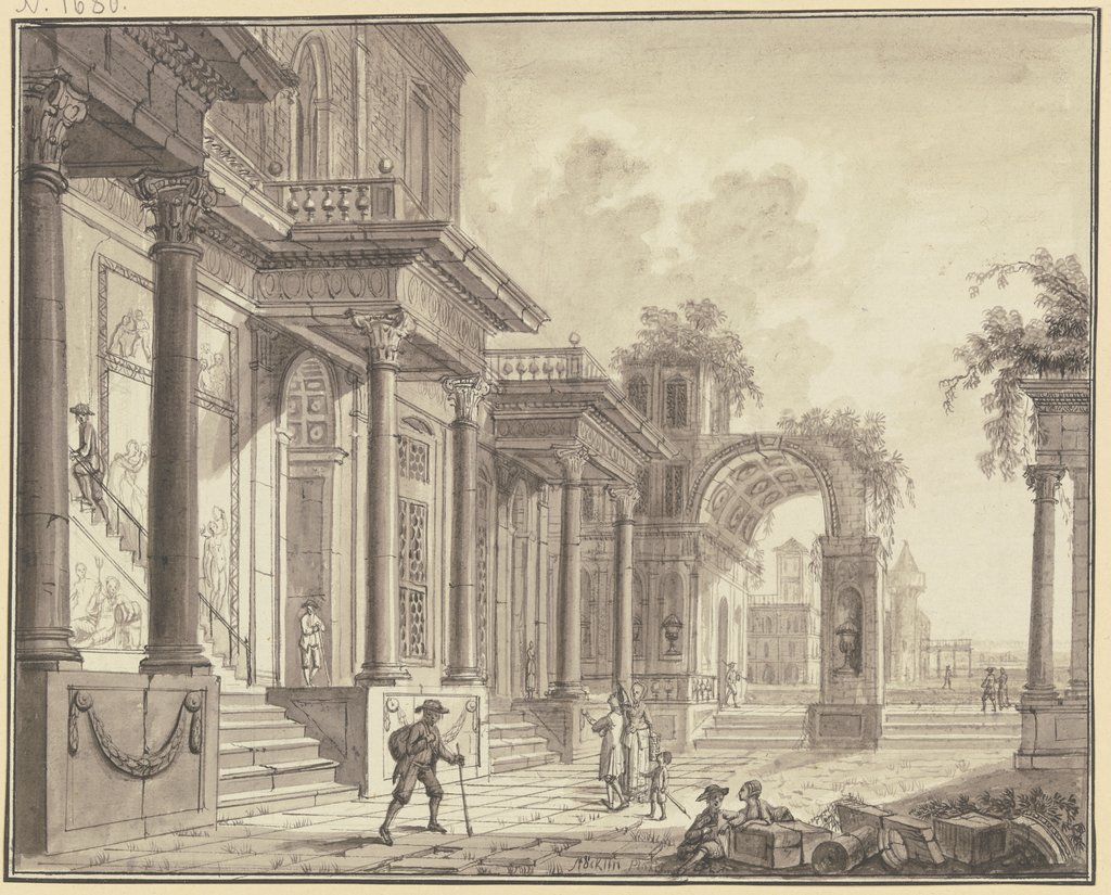 Antiker Palast mit Arkade und Durchblick auf Architektur und Landschaft, im Vordergrund Staffagefiguren, Christian Stöcklin
