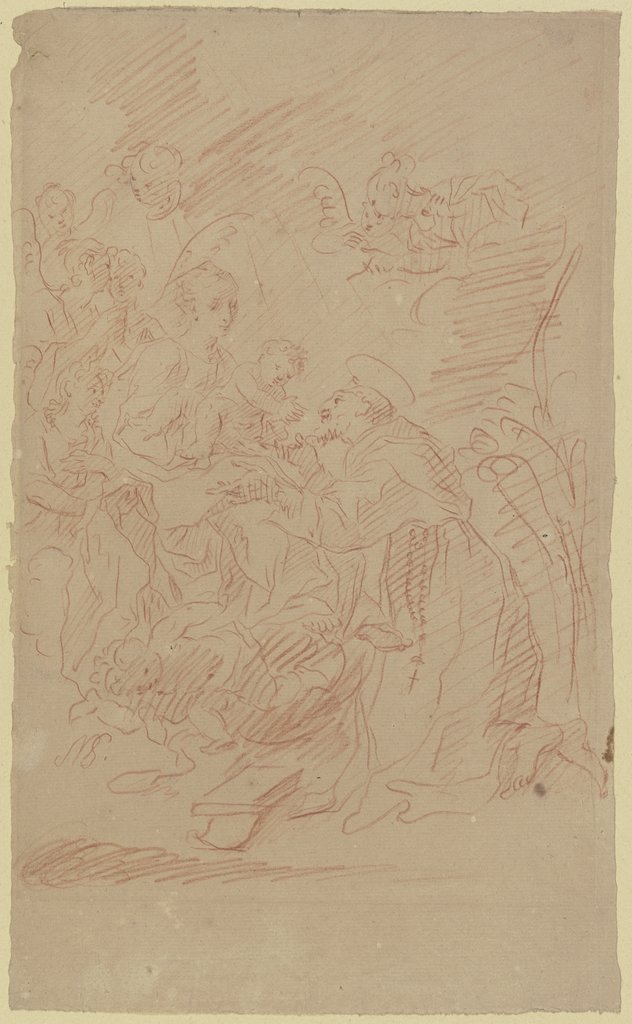 Vor der von Engeln umgebenen Madonna kniet rechts ein heiliger Mönch (Franziskus?), Nikolaus Gottfried Stuber