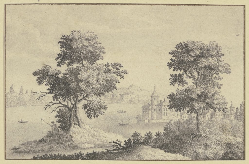Zwei hohe Bäume mit Durchblick auf ein Wasserschloß und ferne Berge, Johann Rudolf Studer