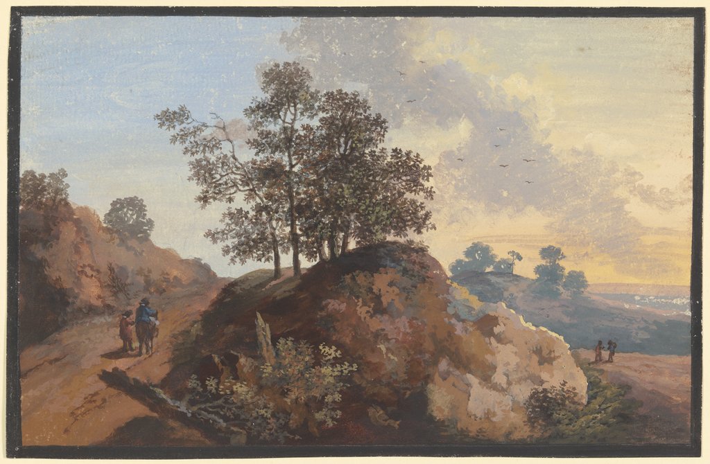 Baumpartie mit Felsen zwischen zwei Wegen, links zwei Männer, einer beritten, rechts zwei Figuren und Blick in die Ferne, Johann Alexander Thiele