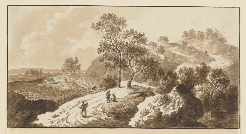 Bewaldete Anhöhe hinter einem Acker, Staffagefiguren auf dem Weg und dem Feld, Johann Alexander Thiele