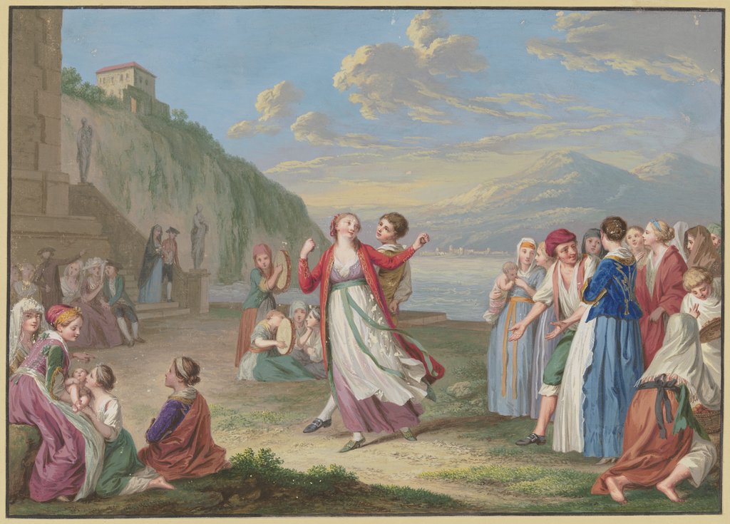 Italienische Landleute unterhalten sich am Seeufer mit Spiel und Tanz, im Hintergrund hohe Berge, Johann Friedrich August Tischbein