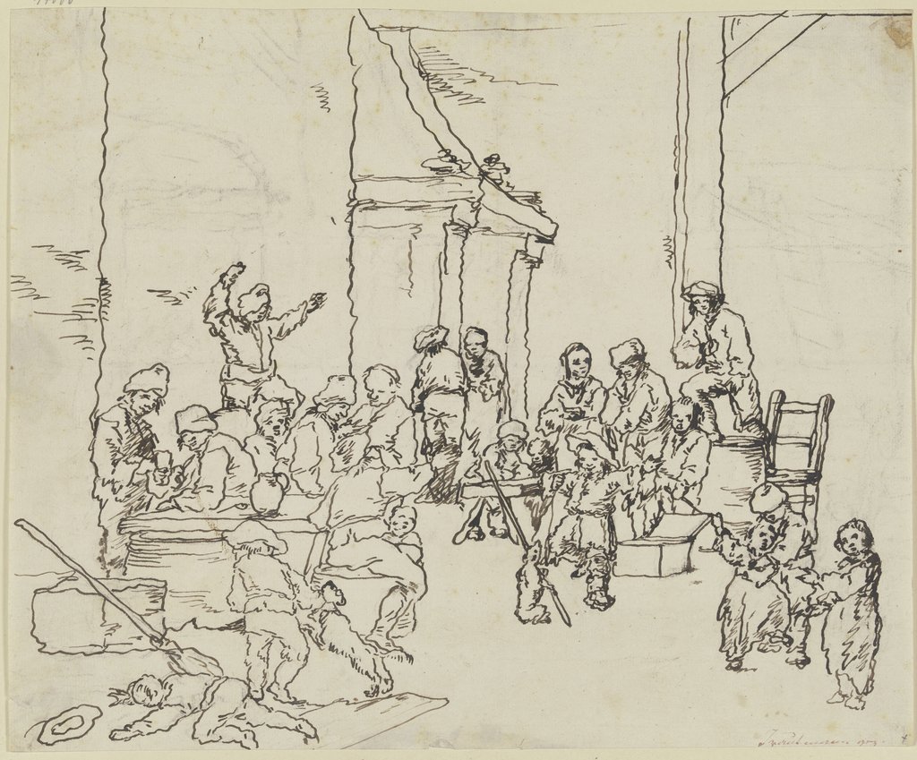 Bauernunterhaltung in einer Schenke mit einem Savoyardenknaben, Johann Georg Trautmann