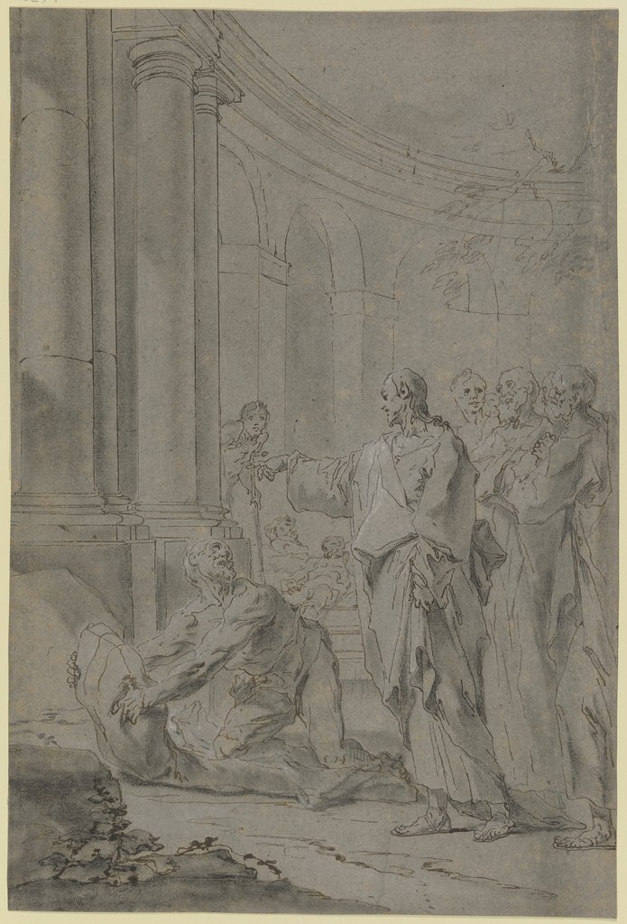 Christus heilt den Lahmen: Christus mit den Jüngern steht in einem Säulenhof, vor ihm erhebt sich der Lahme von seinem Lager, Paul Troger