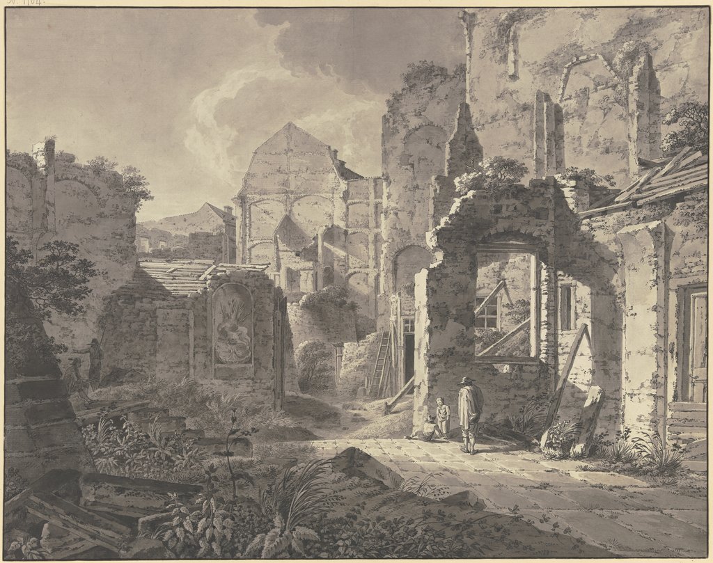 Großes verfallenes Gebäude, rechts ein Mann mit zwei Kindern, links ein Maler, Johann Heinrich Troll