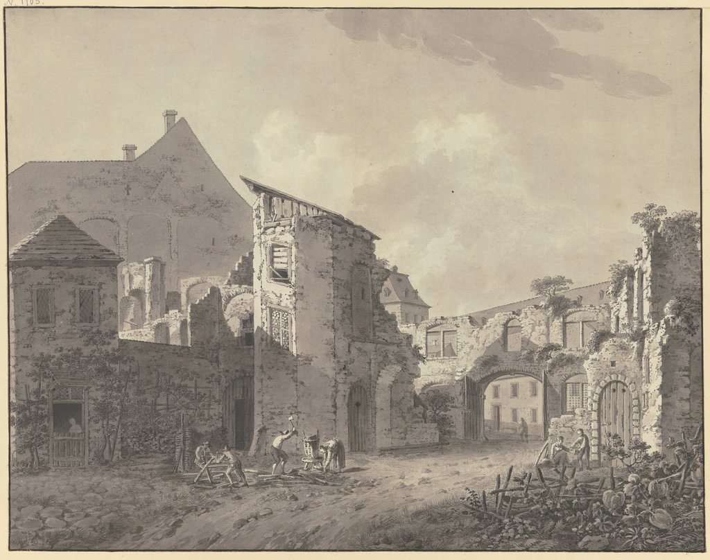 Wohnbauten zwischen Ruinen, vorne vier Figuren beim Zersägen und Hacken von Holz, Johann Heinrich Troll