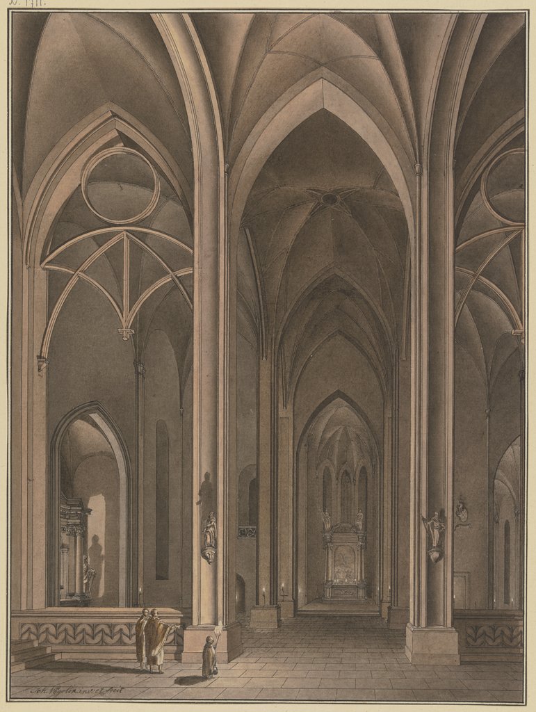 Blick in die Seitenkapelle einer gotischen Kirche, in Abendbeleuchtung; im Vordergrund ein Chorknabe mit einer Fackel und zwei Priester, Johann Vögelin