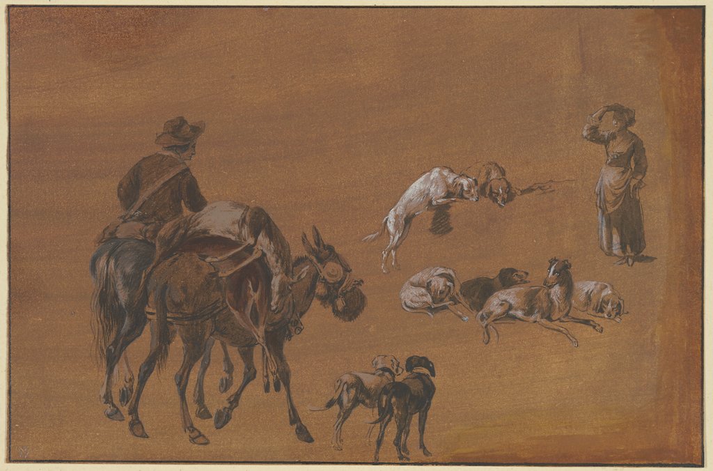 Studienblatt: Ein Reiter mit einem bepackten Maultier, rechts eine stehende Frau, dazwischen Gruppen von Hunden, Johann Georg Wagner
