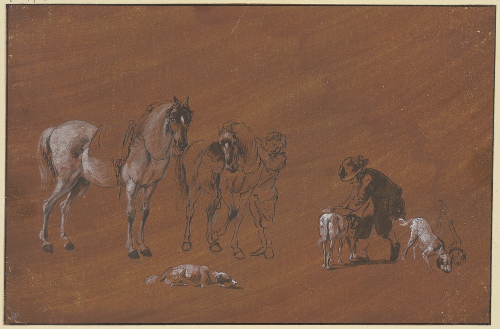 Knecht mit zwei Pferden und ein Knabe mit Hunden, Johann Georg Wagner