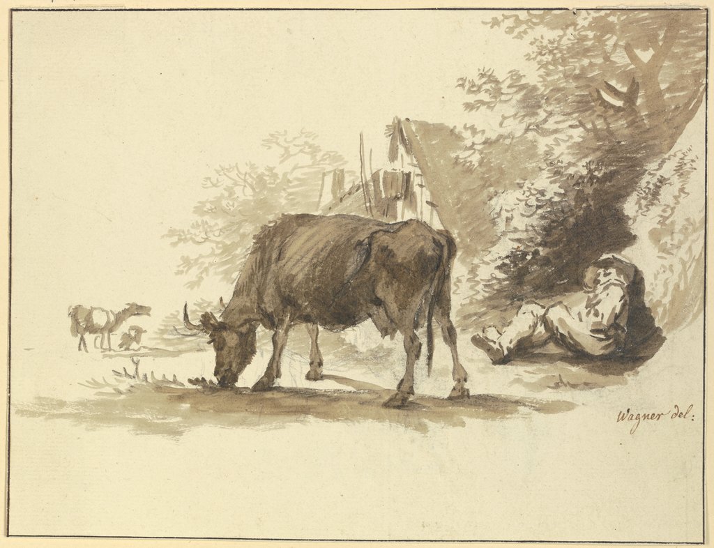 Ruhender Hirt mit einer Kuh vor einem Haus, Johann Georg Wagner