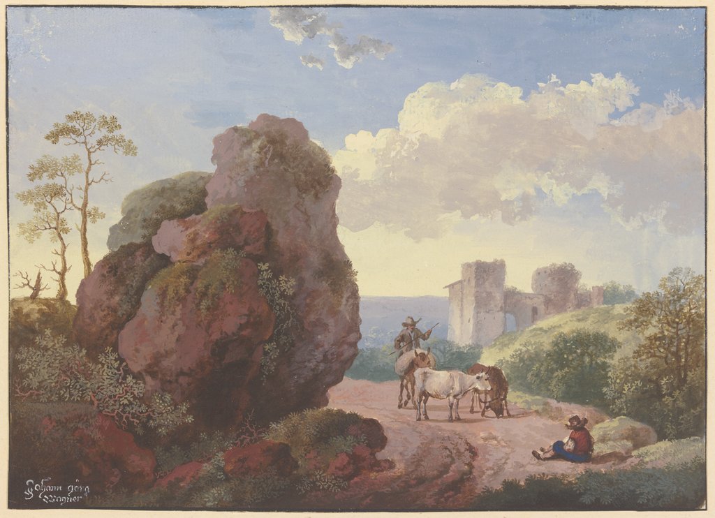 Ein großer Fels neben einem Weg mit Hirten und Vieh, rechts eine Ruine, Johann Georg Wagner