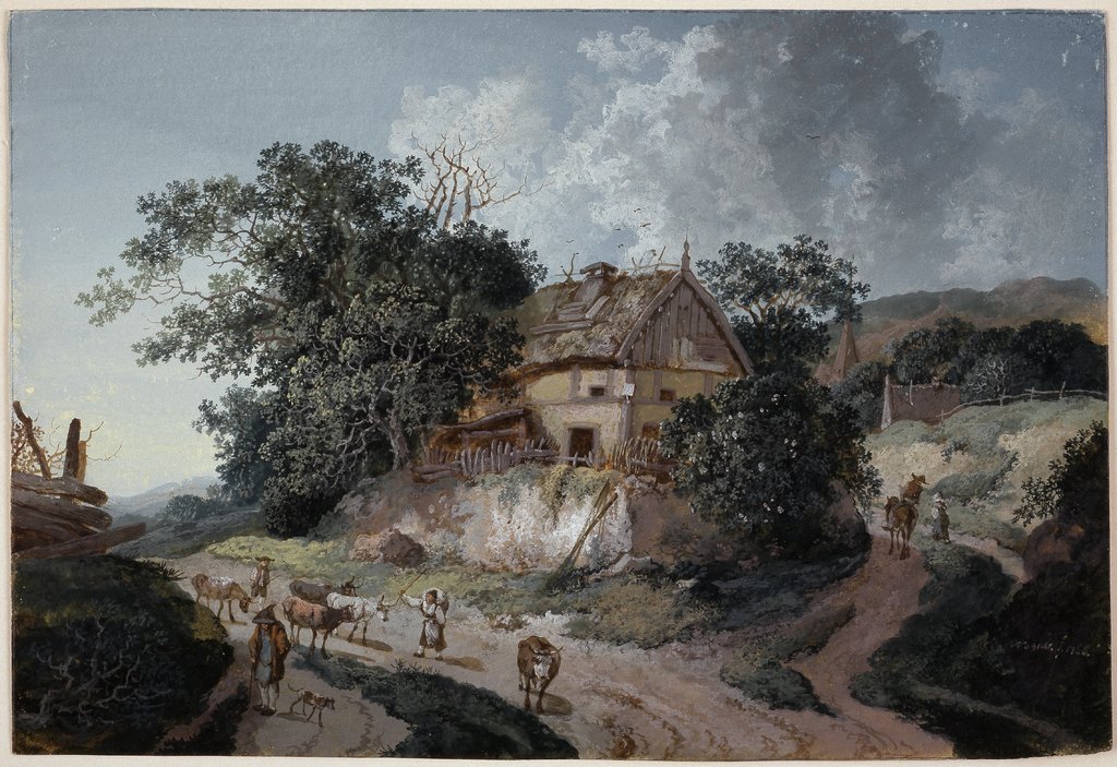 Bauernhaus unter Bäumen an einer Weggabelung, Johann Georg Wagner