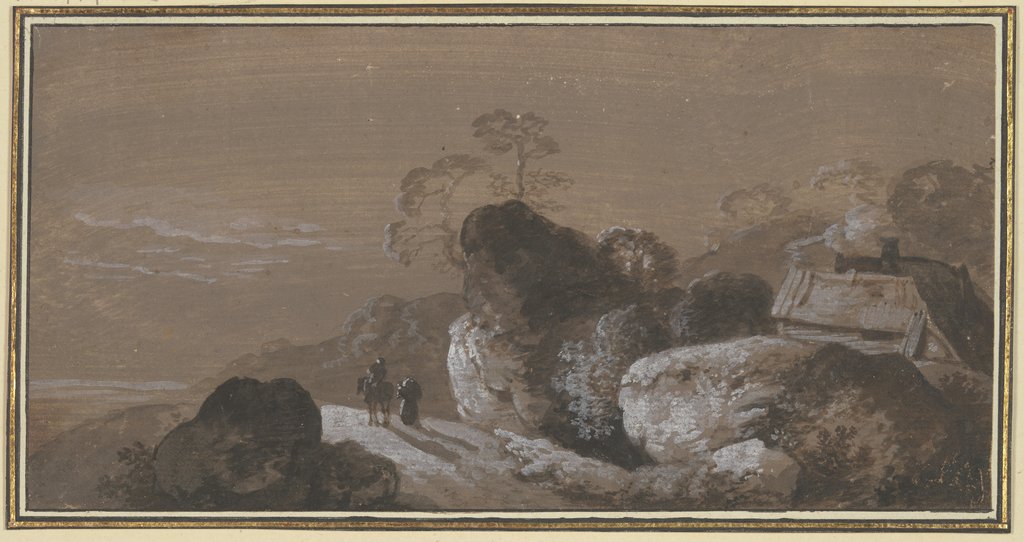 Hohlweg zwischen Felsen, rechts zwei Hütten, auf dem Weg ein Reiter mit Begleiter zu Fuß, Johann Georg Wagner