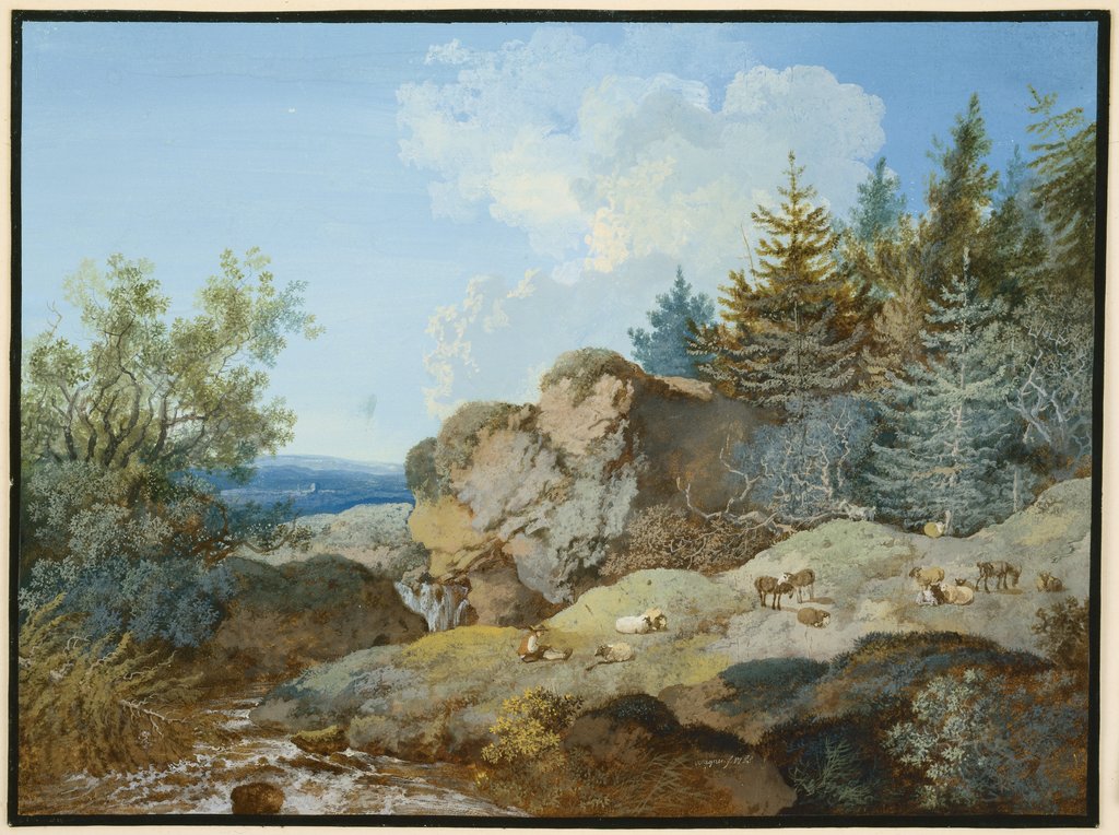 Waldlandschaft im Gebirge mit Herde und Gewässer, Johann Georg Wagner