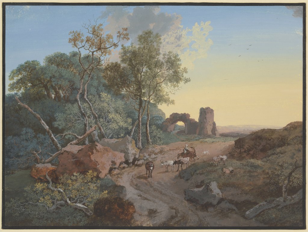 Waldpartie und Ruine mit einem Bogen an einem Weg mit Hirten und Vieh, Johann Georg Wagner