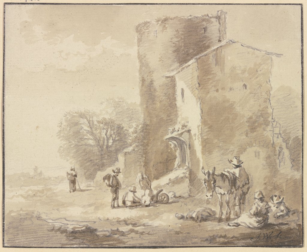 Haus an einem verfallenen Turm und Gruppen von rastenden Figuren, Johann Georg Wagner