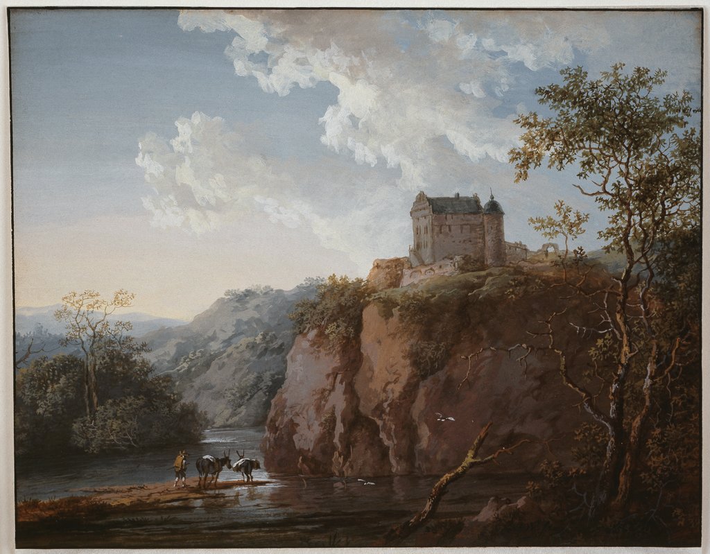 Burg auf einem Felsen über einem Flußtal, Johann Georg Wagner