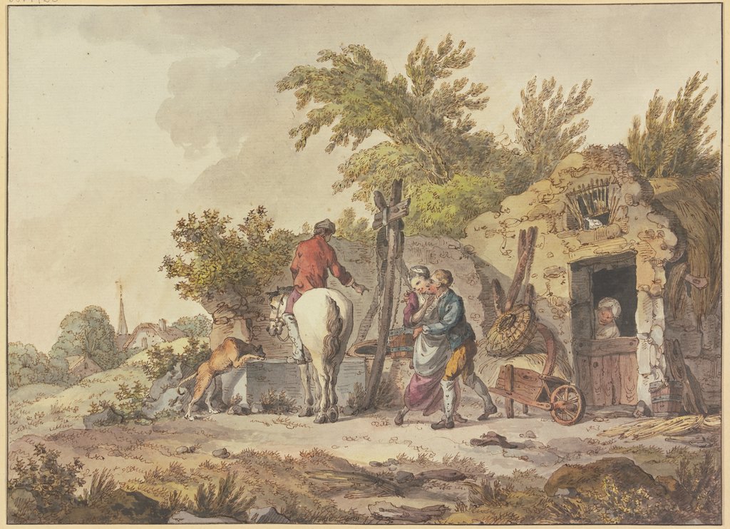 Reiter mit Hund bei einer Tränke, rechts am Ziehbrunnen vor einem Haus umarmt ein Mann ein Mädchen, John Webber