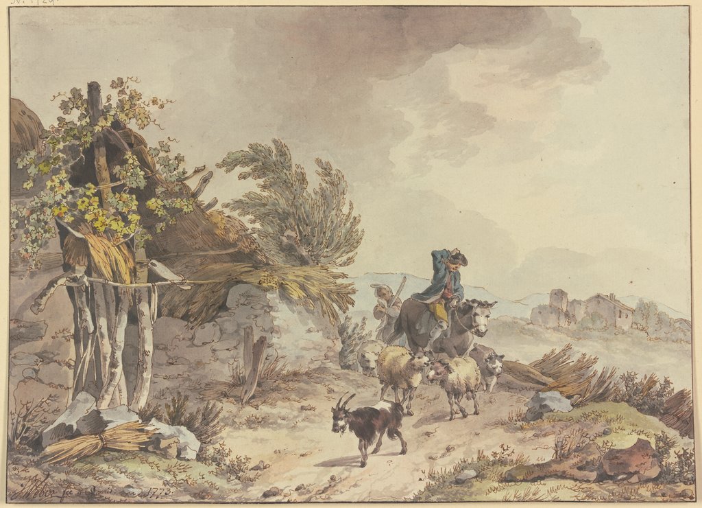 Auf dem Weg neben einer verfallenen Hütte mit Strohdach ein berittener Hirte und eine Bäuerin mit Schafen und Ziegen, John Webber