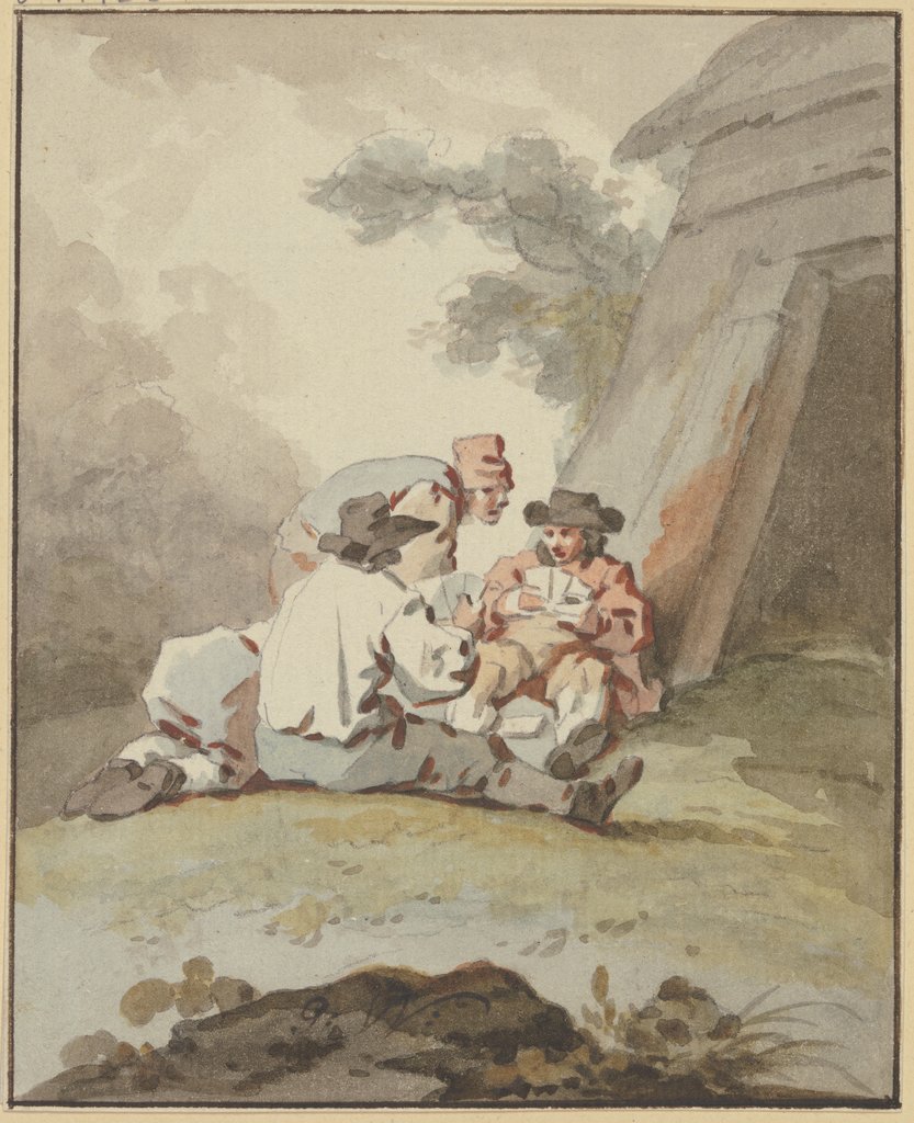 Vier Männer vor einer Hütte am Boden sitzend oder hockend beim Kartenspiel, Gottlieb Welté