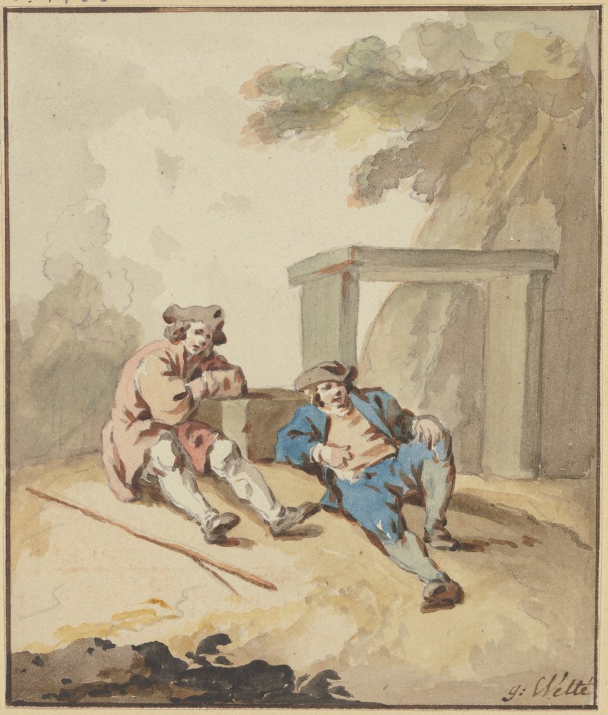 Zwei Männer bei einer Steinbank am Boden lagernd, Gottlieb Welté