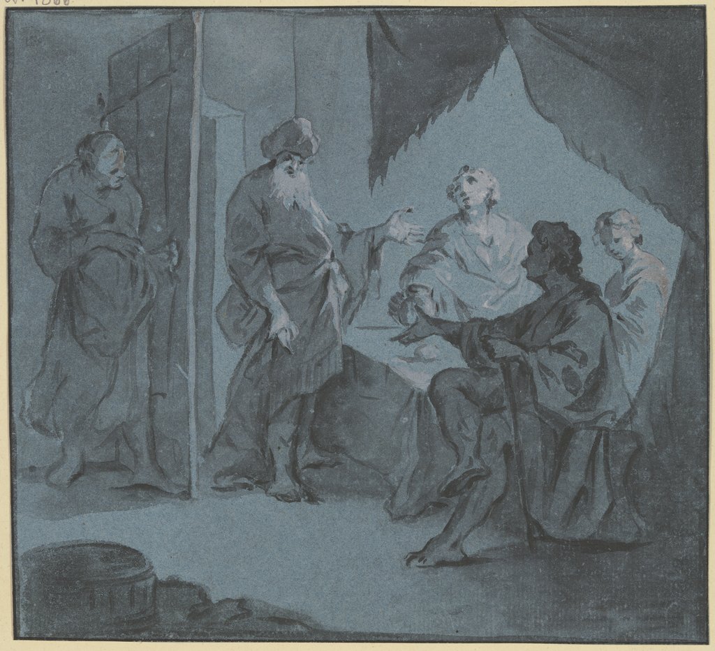 Abraham bewirtet die drei an einem Tisch sitzenden Engel, links an der Tür lauscht Sara, Gottlieb Welté