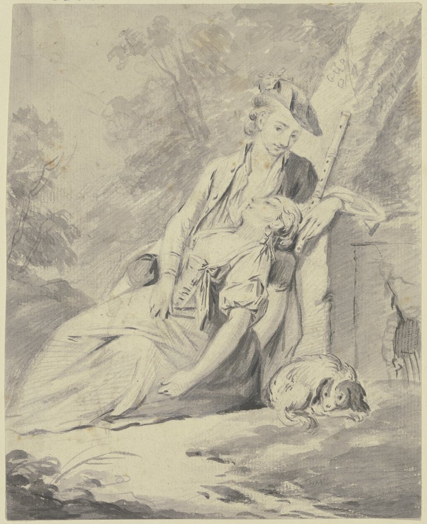 Ein Schäfer und eine Schäferin mit einem Hund lagern unter Bäumen, Gottlieb Welté