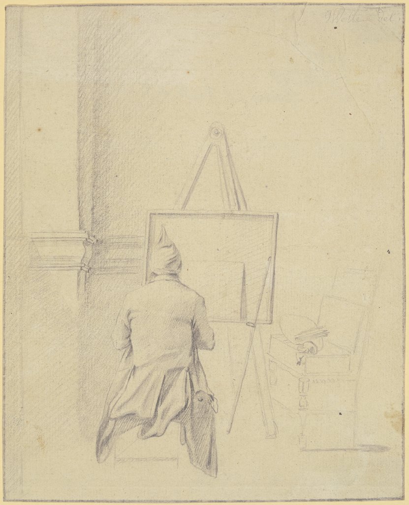 Maler mit Zipfelmütze, vom Rücken gesehen, vor der Staffelei sitzend, Gottlieb Welté
