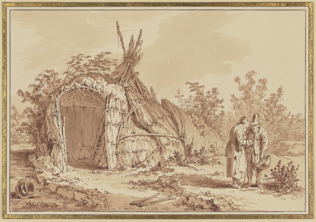 Old couple in front of straw hut, Johann Georg Wille