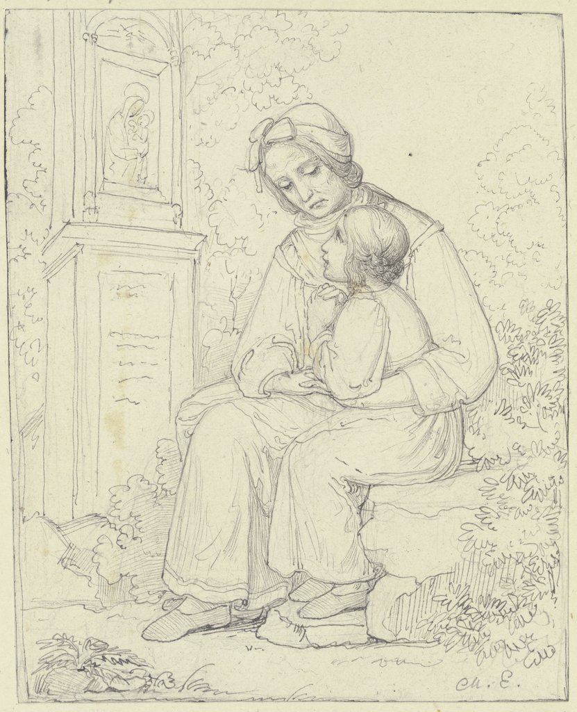 Mutter mit betendem Kind vor einem Bildstock mit einem Madonnenbild, Marie Ellenrieder