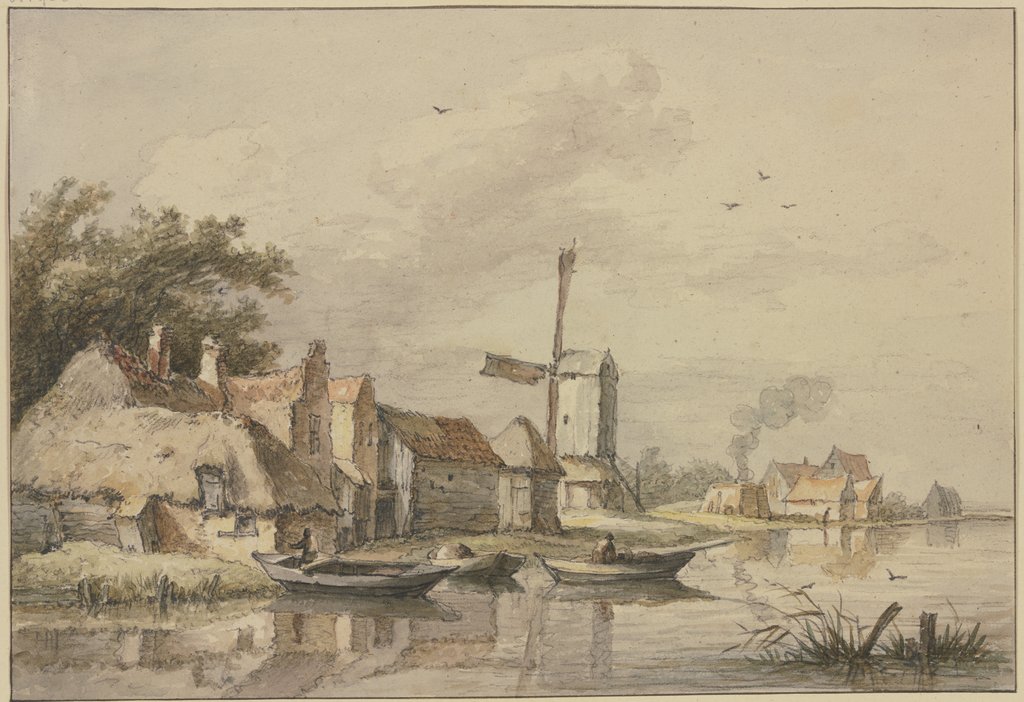 Dorf mit einer Windmühle am Wasser, Jan Hulswit
