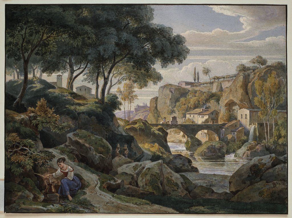 Italienische Gebirgslandschaft mit steinerner Brücke, Ernst Fries