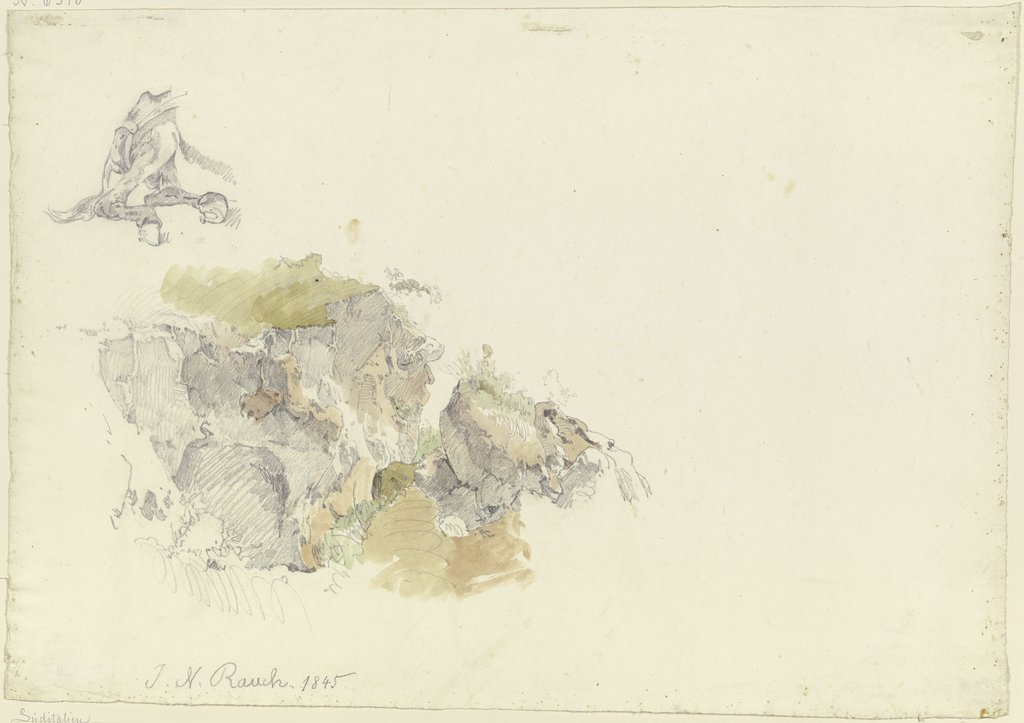 Felsstudie, oben links Studie der Hinterläufe eines Pferdes, Johann Nepomuk Rauch