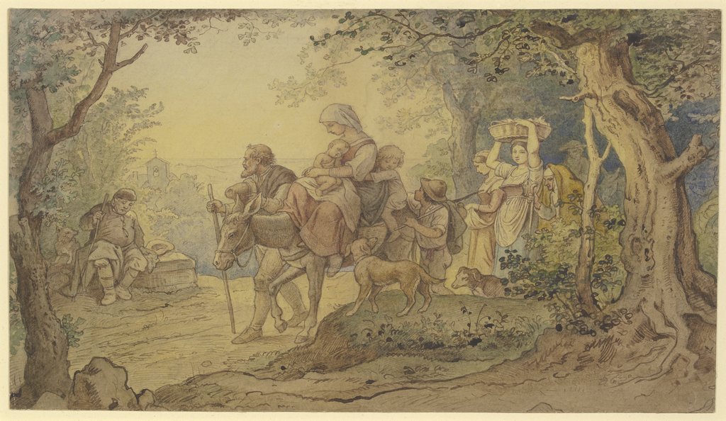 Zug italienischer Landleute, eine Frau mit zwei Kindern auf einem Esel reitend, den ein alter Mann führt, links ein Geistlicher mit einem Hund auf einer Bank sitzend, Ludwig Richter