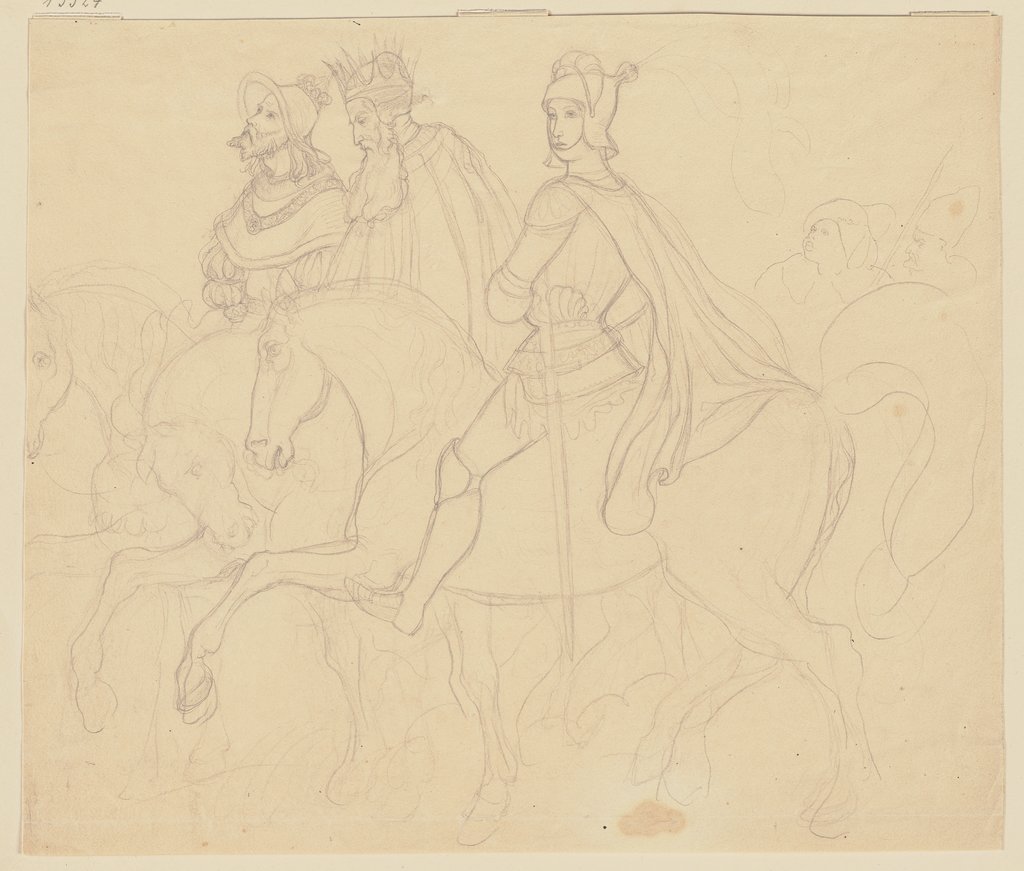 Drei Reiter zu Pferd, gefolgt von zwei Männern, Ludwig Richter
