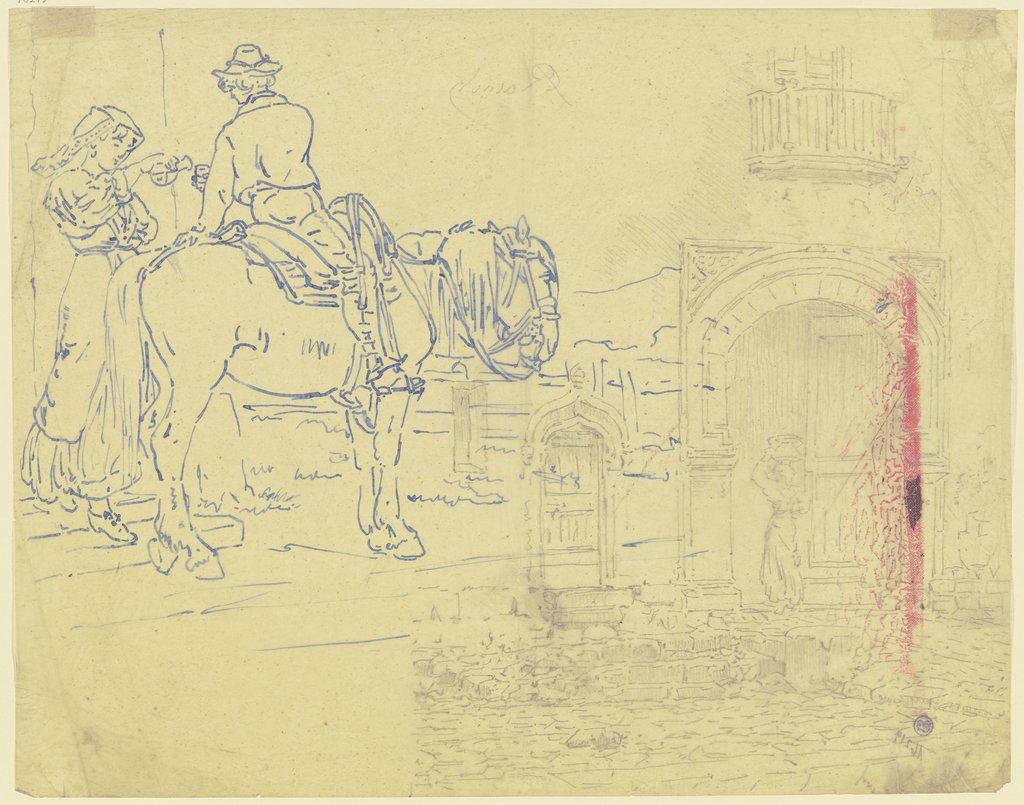 Italienisches Mädchen reicht einem Reiter ein Getränk; Mädchen in einer Tordurchfahrt, Johann Nepomuk Rauch