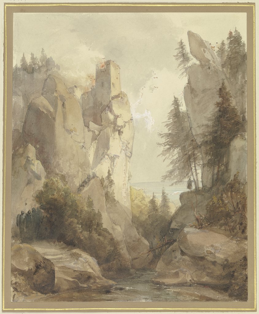 Eine brennende Burg auf einem Felsen, Caspar Scheuren
