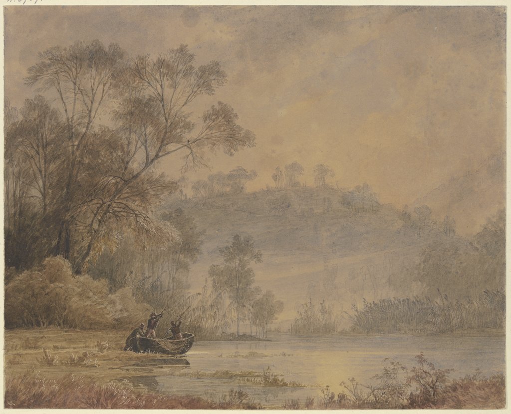 Waldsee, von dessen Ufer ein Kahn mit drei Männern ablegt, Johann Wilhelm Schirmer