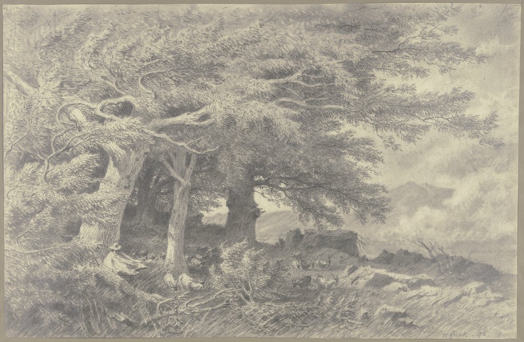 Forest edge with herd of goats, Heinrich Funk