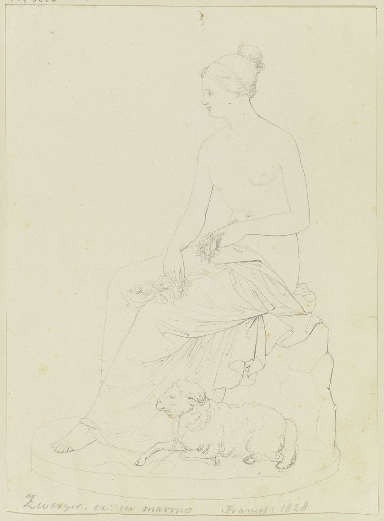 Sitzende weibliche Figur mit Blumen in den Händen, zu ihren Füßen ein Lamm, Johann Nepomuk Zwerger