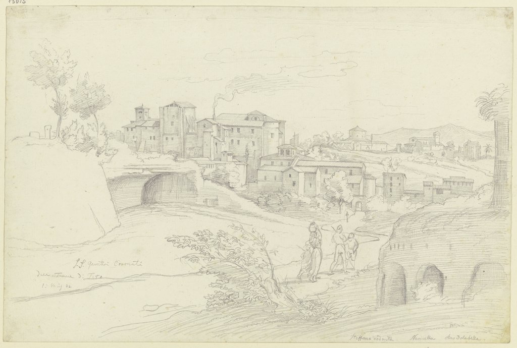 Ansicht von Rom mit der Titustherme sowie den Kirchen SS. Quattri Coronati und S. Stefano Rotonto, mit Staffage, Deutsch, 19. Jahrhundert